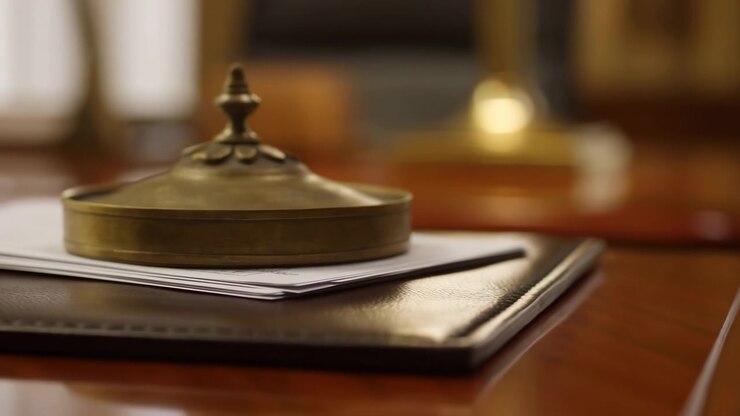 Un campanello da hotel in una hall o area reception di hotel professionale e neutra, con una scrivania in legno e una lampada, visto da un'angolazione ravvicinata leggermente elevata con toni marroni e dorati