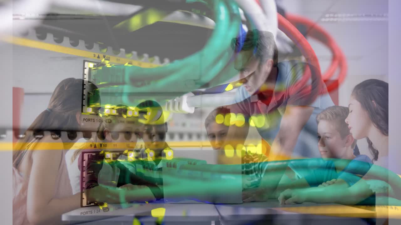 Animation of server room over biracial male teacher with diverse schoolkids