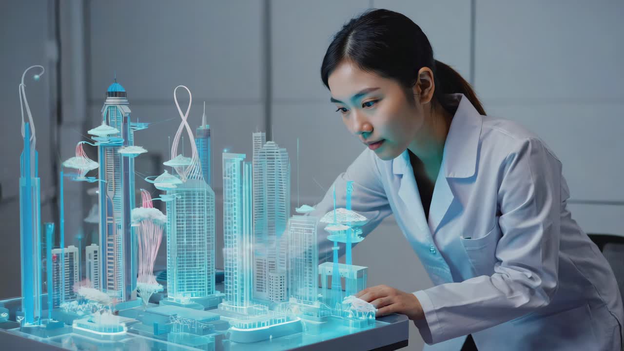Một kiến trúc sư đang phân tích mô hình thành phố tương lai.