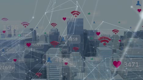 animation of connections and social media reactions over cityscape