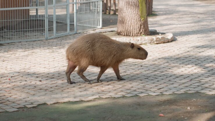 Un capibara silenzioso esplora i dintorni sereni. Un capibara gentile si muove dolcemente sotto una fitta chioma di foglie in pace. Un sereno capibara passeggia tranquillamente e pacificamente in un ambiente ombroso e tranquillo.