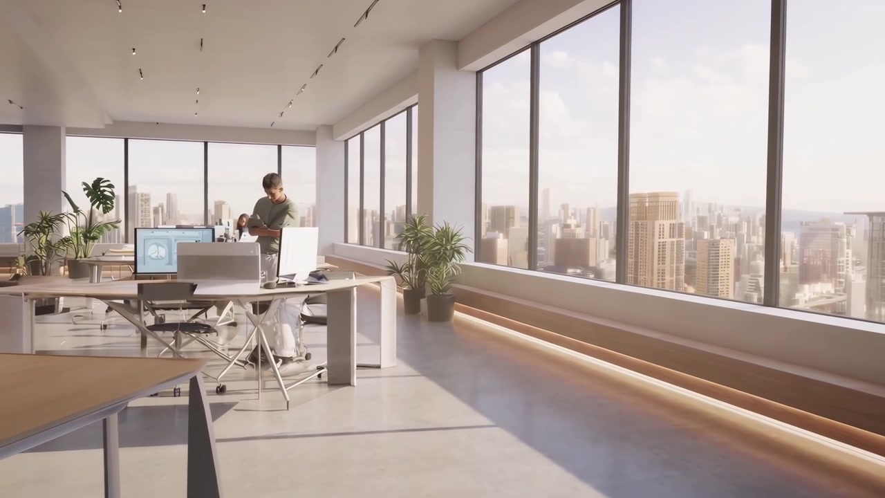 Profesionales trabajando en una oficina moderna de gran altura con vistas a la ciudad