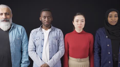 european man, asian woman, african hijab woman and african man, close-up face portrait.