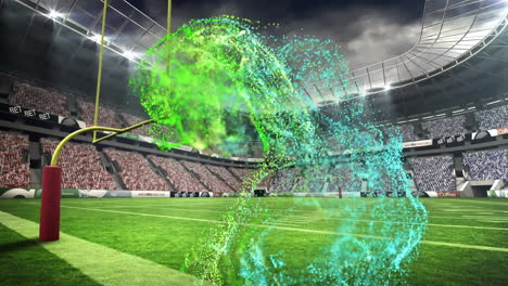 green and blue particle animation over football stadium with cheering crowd