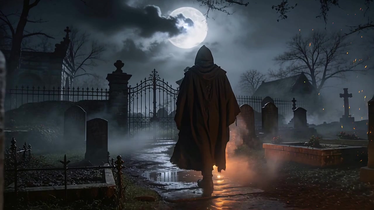 Allontanandosi da un piccolo fuoco, una figura ammantata con stivali cammina in un cimitero oltre una bara verso un cancello di ferro.
