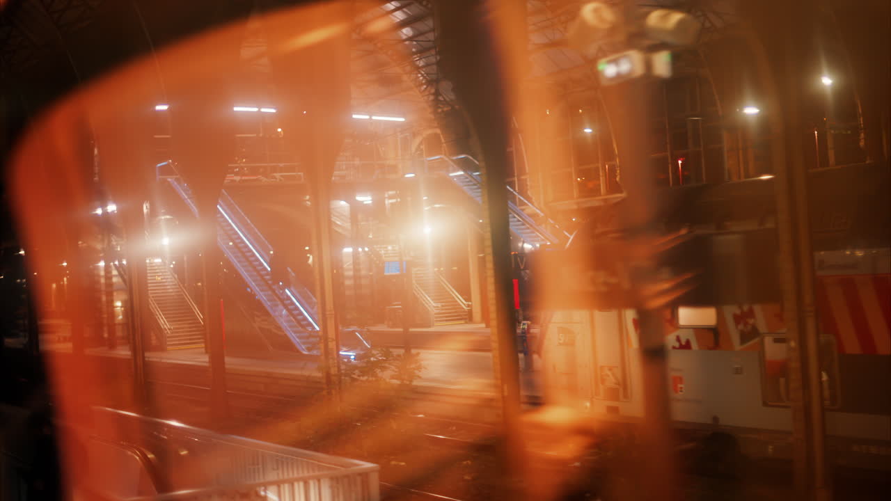 View from a train window of the Nice train station, in the evening