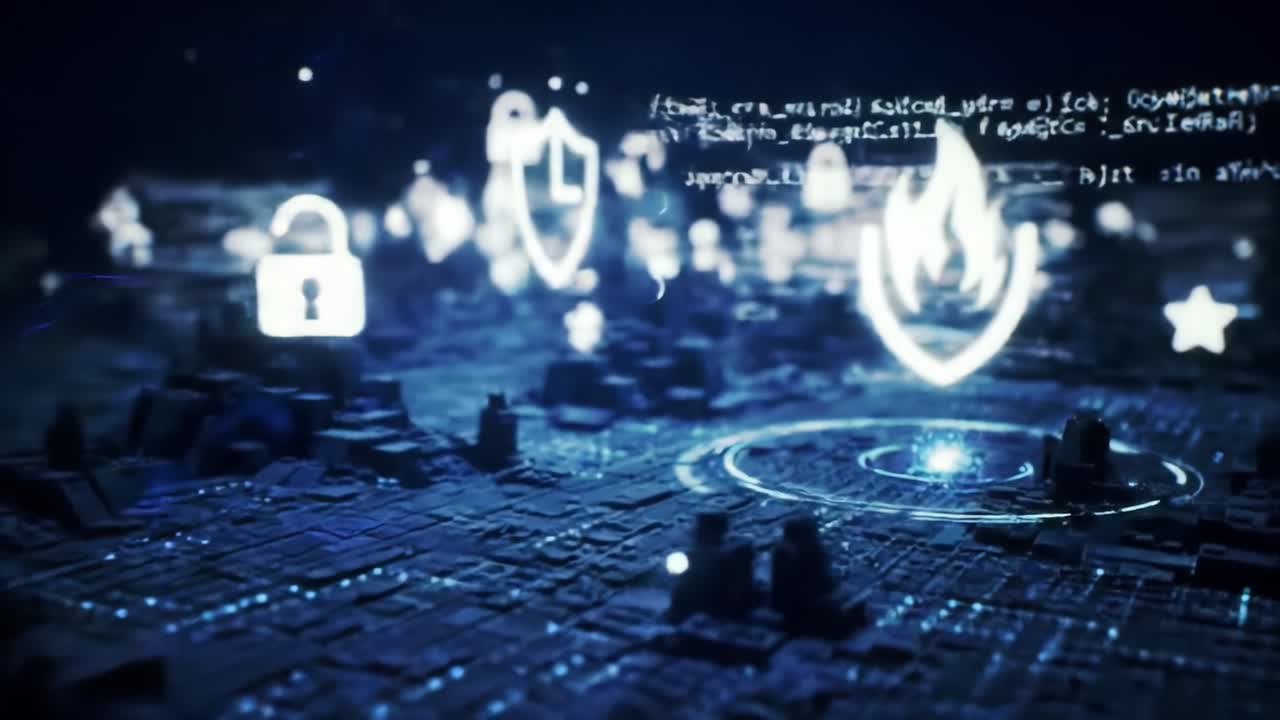 An intriguing representation of the digital security environment showcases animated graphics illustrating key concepts such as protection and firewalls.
