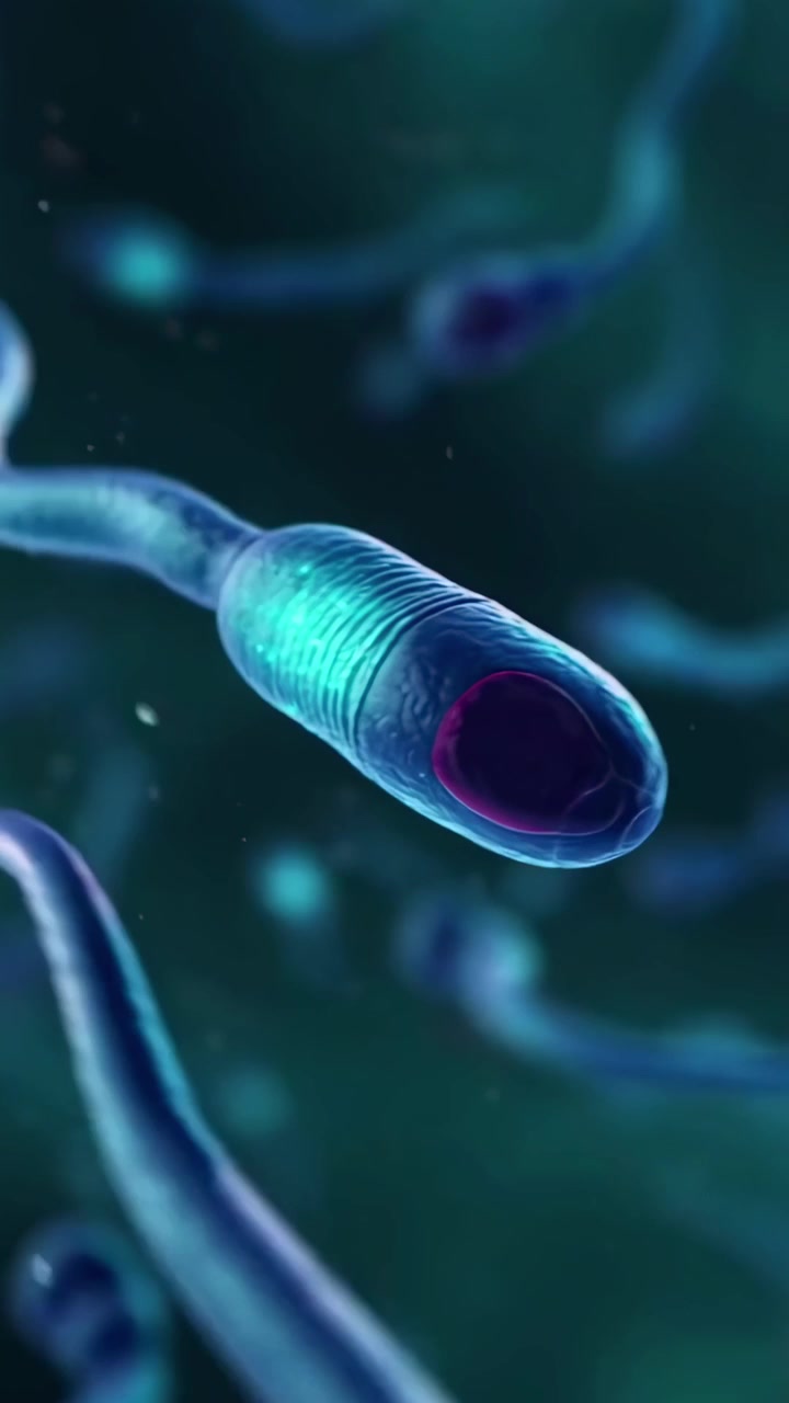 3D Animation of Microscopic Sperm Cells with Glowing Nucleus