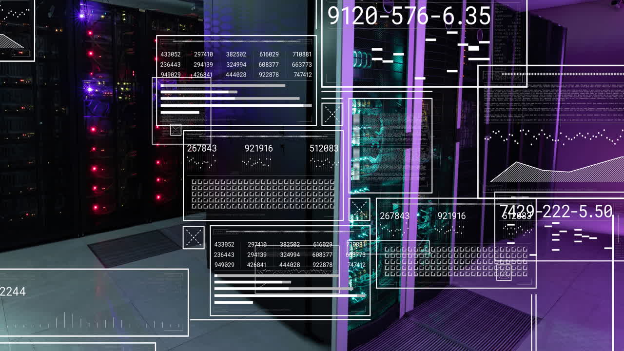 Animation of interface with data processing against computer server room