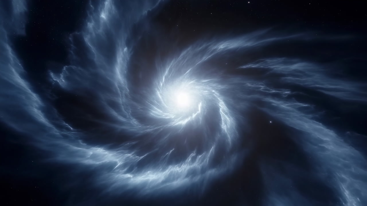 Luminous Spiral Formed From Stellar Clouds, Bright White Core With Wispy Spiral Arms, Dynamic Flow And Misty