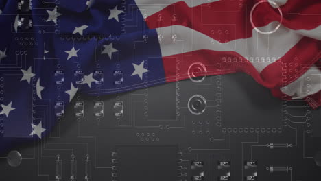 animación de una placa de circuito de computadora con procesamiento de datos y bandera de los estados unidos