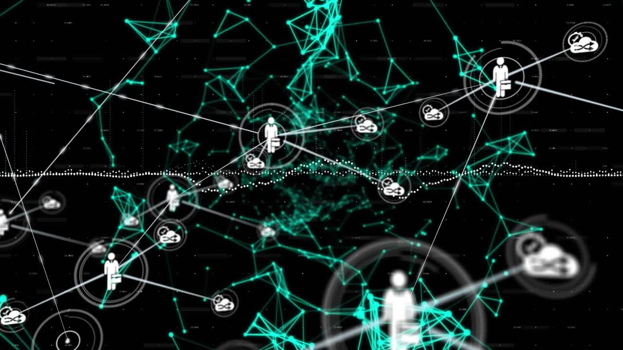 Animation af netværk af forbindelser med ikoner og databehandling.