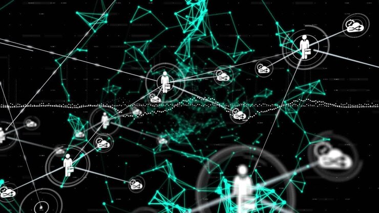 Animation of network of connections with icons and data processing