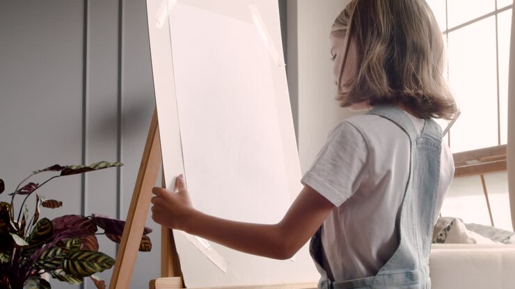 Vista posteriore di una bambina bionda che dipinge sul cavalletto accanto alla finestra di casa 2