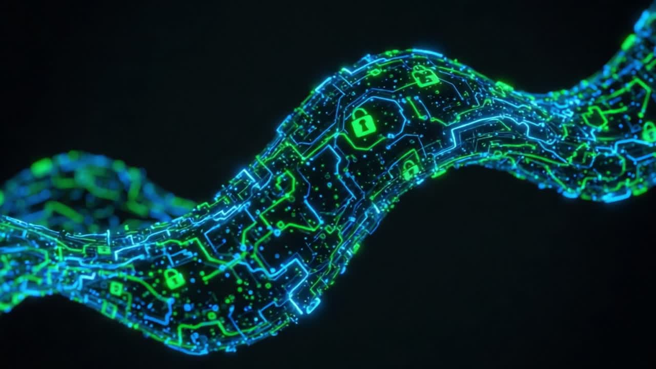 Abstract Digital Network Representation Featuring Fluid Geometry and Security Icons, Showcasing the Interconnectivity of Data and Technology in a Modern Cyber Environment