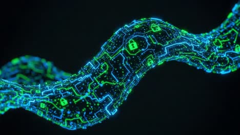abstract digital network representation featuring fluid geometry and security icons, showcasing the interconnectivity of data and technology in a modern cyber environment