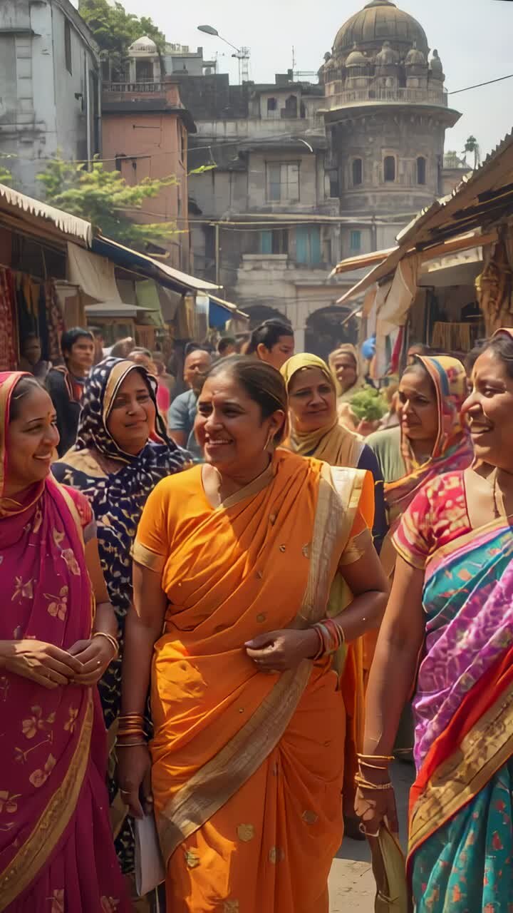 Vidéo verticale : une femme souriante en tête guide ses compagnons, déambulant dans une allée de marché au milieu de saris et de textiles