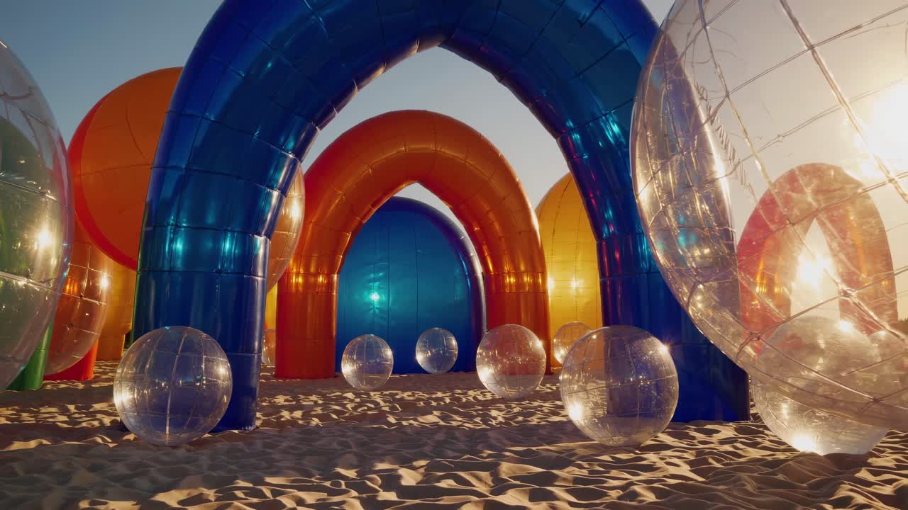 Colorful inflatable arches and transparent spheres create a surreal and playful atmosphere on a sandy beach, illuminated by the warm glow of the setting sun
