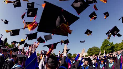 low-angle video shot of graduation caps thrown in the air against a clear blue sky