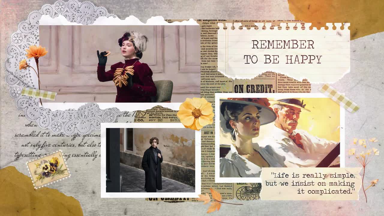 Slideshow fotografico vintage nostalgico con elementi di collage retrò.