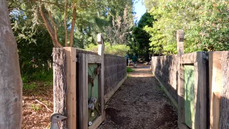 visitors walk through a lush, natural pathway