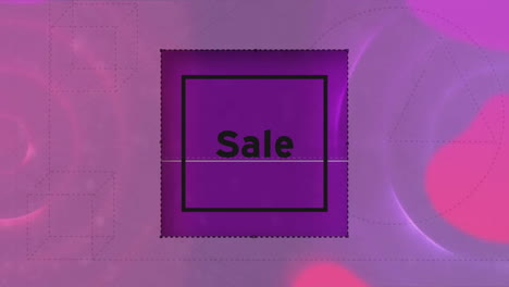 animation of sale text in squares over abstract pattern against purple background