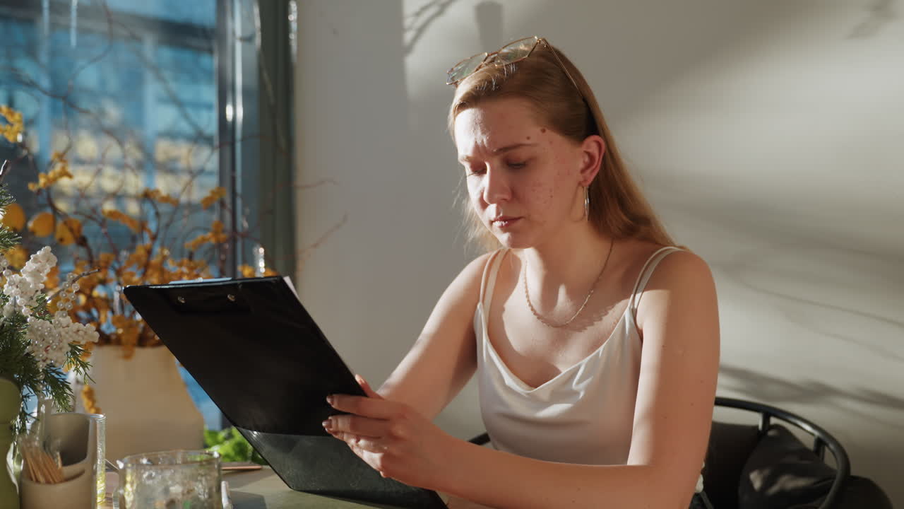 Sunlit table scene caucasian designer reviewing samples and clipboard notes, comparing swatches and colors beside vase and glass, concentrated expression and deliberate gestures, studio planning