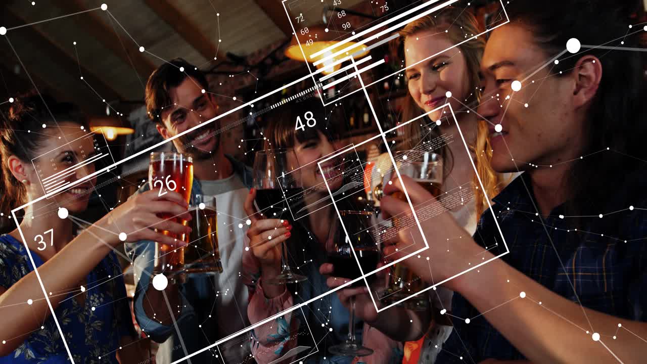 Five friends raising glasses and toasting, HUD graphics shifting across faces in bar