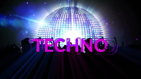 animation of techno text over silhouettes of dancing people and flashing lights on black background