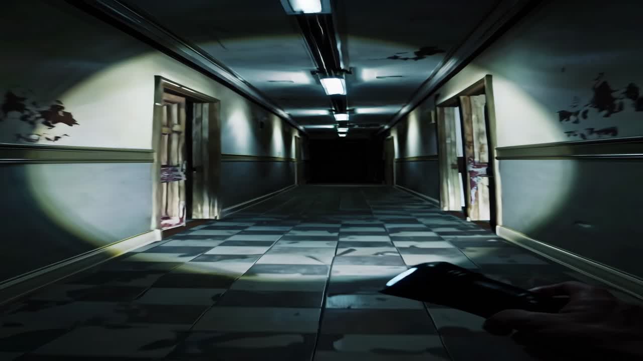 Flashlight illuminating decaying checkered floor in long dark abandoned hospital corridor with peeling paint and closed doors at night, creating creepy atmosphere