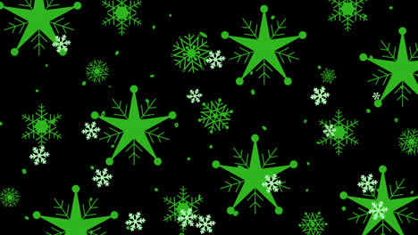 animación de copos de nieve verdes de navidad cayendo sobre un fondo negro