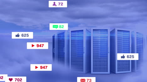 animation of social media icons against computer servers in the sky