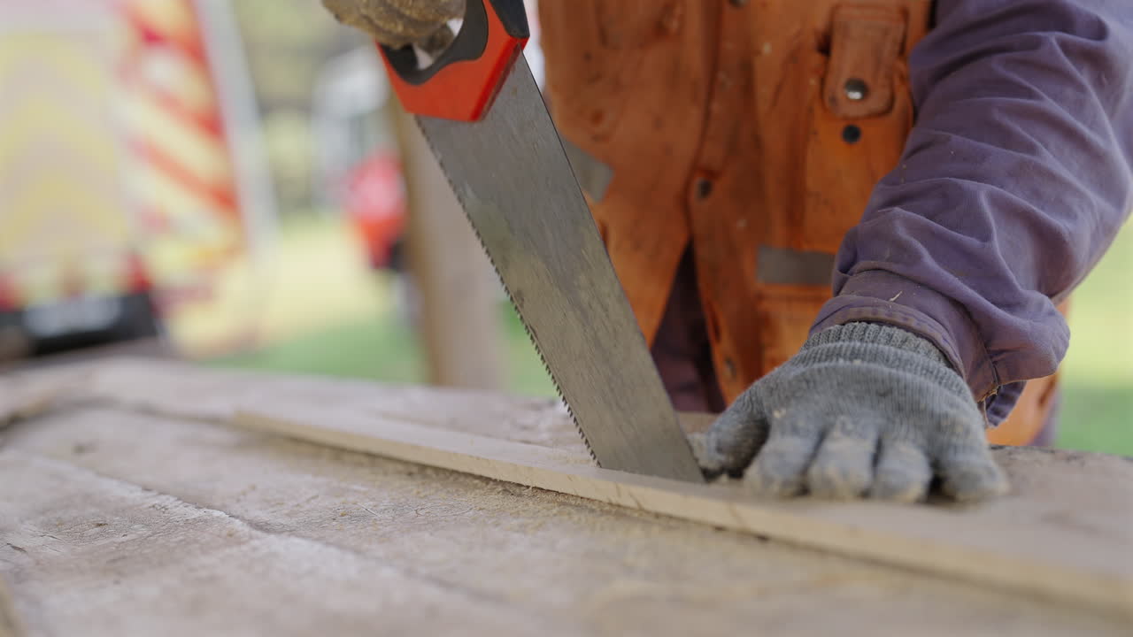 Close up of a person cutting Wood with a hand saw, gloves on the hand, carpenter, joiner at work, static