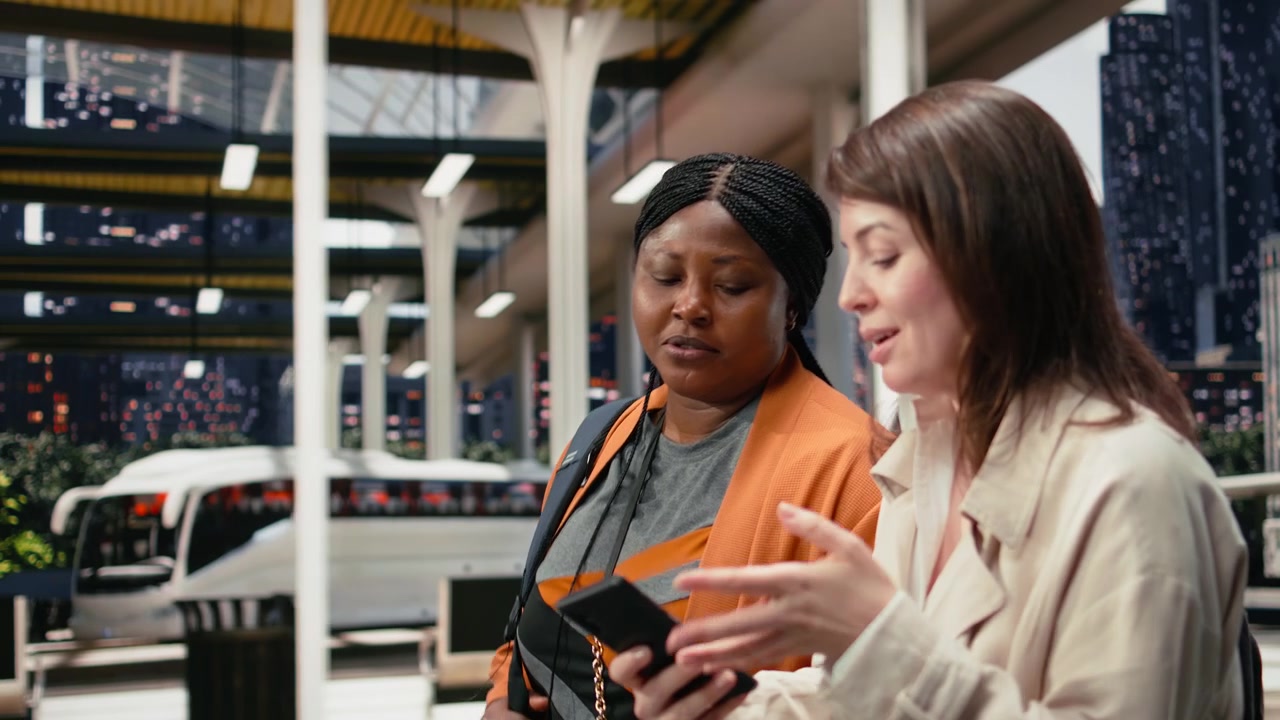 Close up of friends reviewing route details on mobile phone in bus station