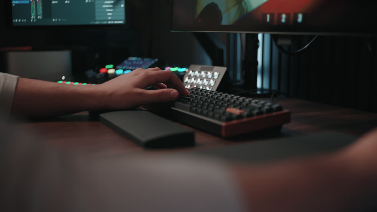 Person working on a computer in a home office or studio environment
