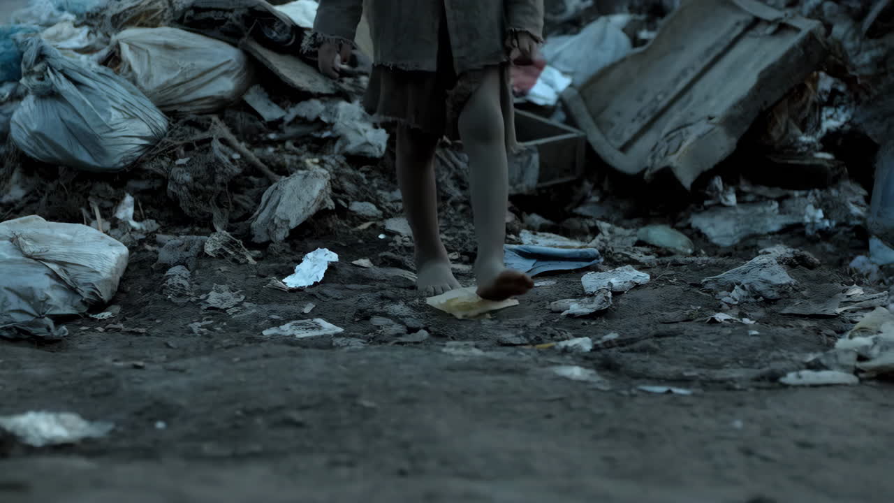 Barefoot Child Walking Through a Garbage Dump