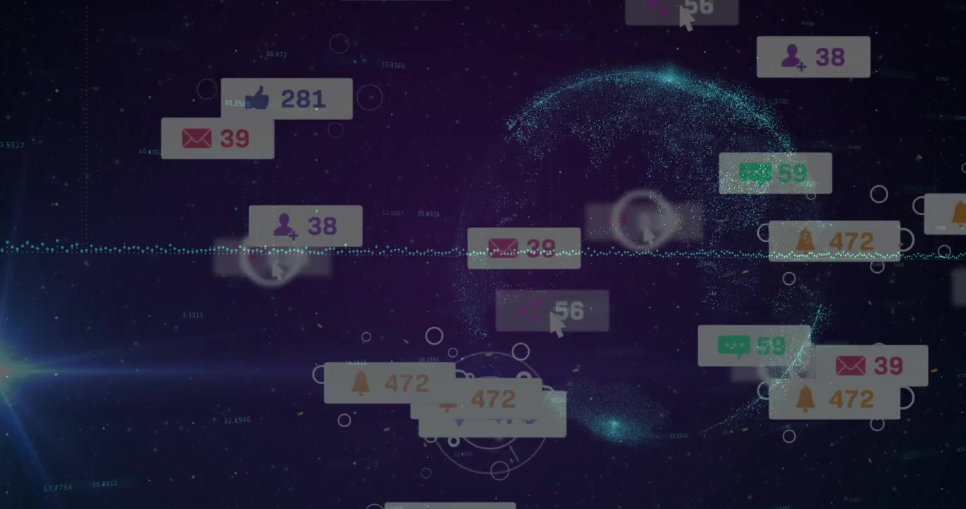 At startup data sphere, waveform animating notification badges rising and fading showing engagement