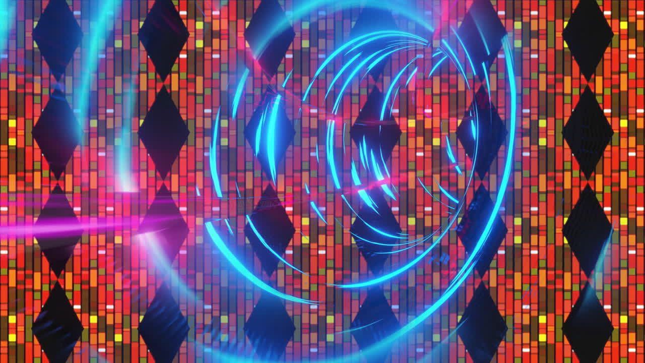 Animation of geometric shapes with blue neon lights over colorful mosaic background