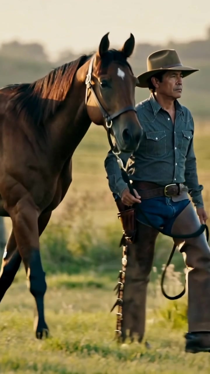 Video verticale: Cowboy che cammina conducendo un cavallo al guinzaglio attraverso un campo, iniziando a camminare verso l'orizzonte.