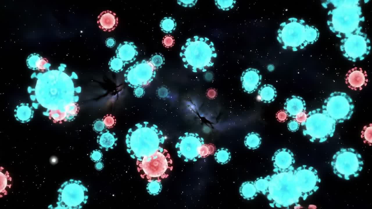 A Captivating Cosmic Display: Colorful Viral Structures Floating in a Starry Universe, Blending Science with Artistic Visualization in a Stunning Space Background