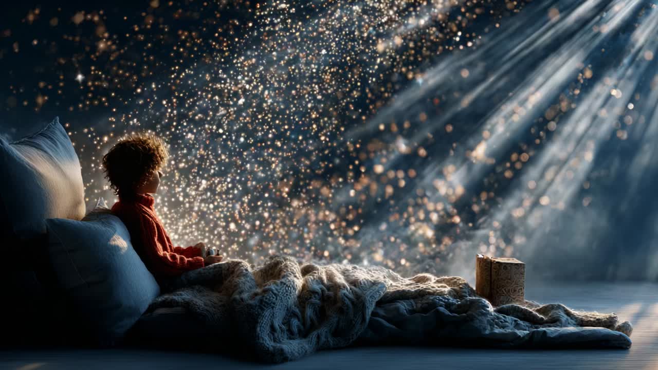 A Serene Moment: A Child Sitting Peacefully in a Cozy Setting, Enveloped by Magical Light Rays and Sparkling Particles, Creating a Dreamy Atmosphere of Wonder and Imagination