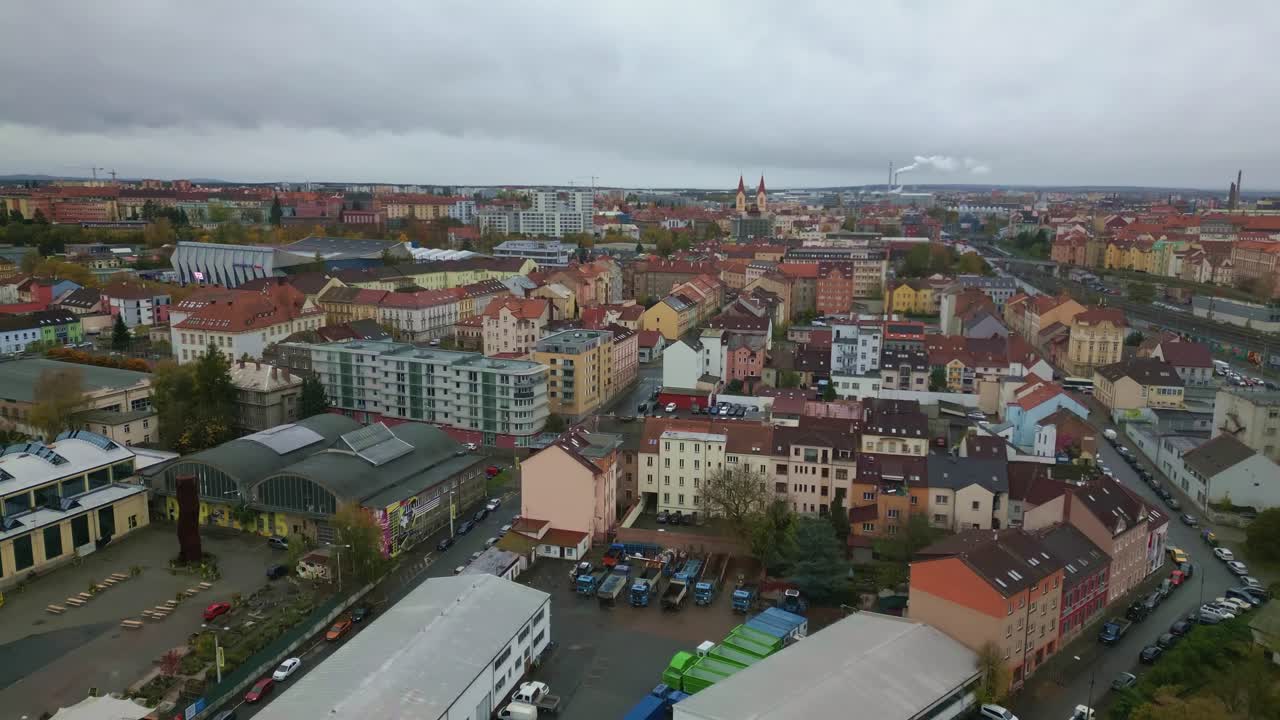 Pilsen, Czech Republic with industrial zone horizon Aerial cityscape
