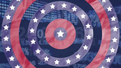 animation of circles spinning with american flag stars and stripes with stock exchange digital displ