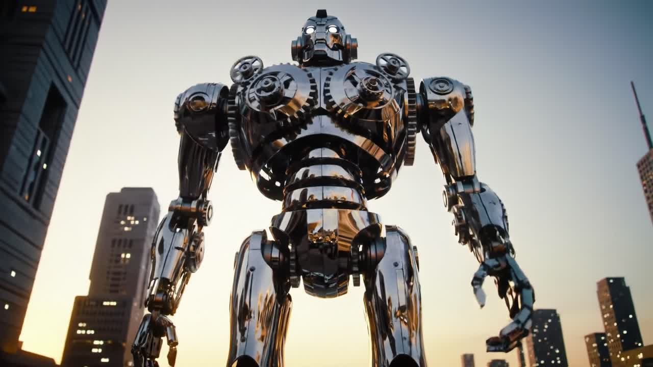 A massive metallic robot stands imposing in an urban setting during sunset. Surrounding buildings reflect the warm evening light, creating a captivating skyline.