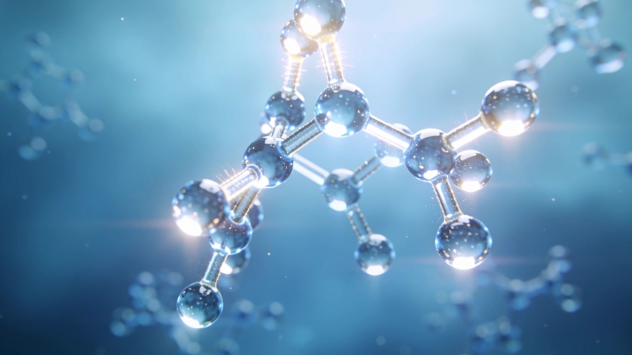 Orbiting camera showcasing glossy rotating molecule with nodes and bonds in teal space, particles