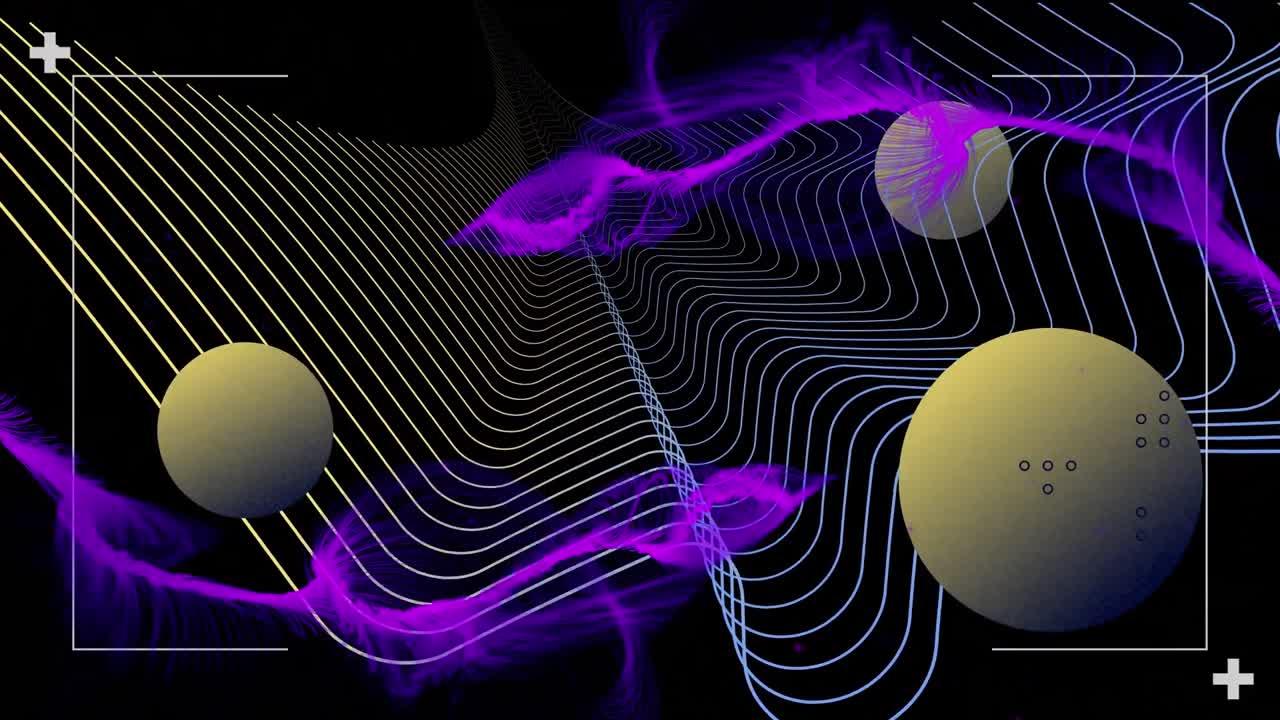 animación de vapor púrpura que se mueve sobre curvas naranjas y azules y esferas amarillas, en negro