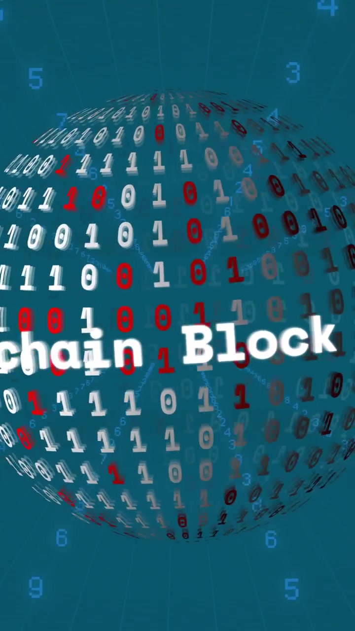Animation of binary coding over globe with block chain texts