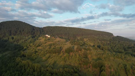 Forest-Summit,-spring-forests,-green-mountain-terrain,-drone-view-of-mountain-ranges,-majestic-nature-view-from-the-air