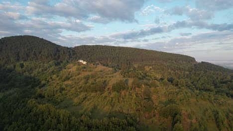 forest summit, spring forests, green mountain terrain, drone view of mountain ranges, majestic nature view from the air