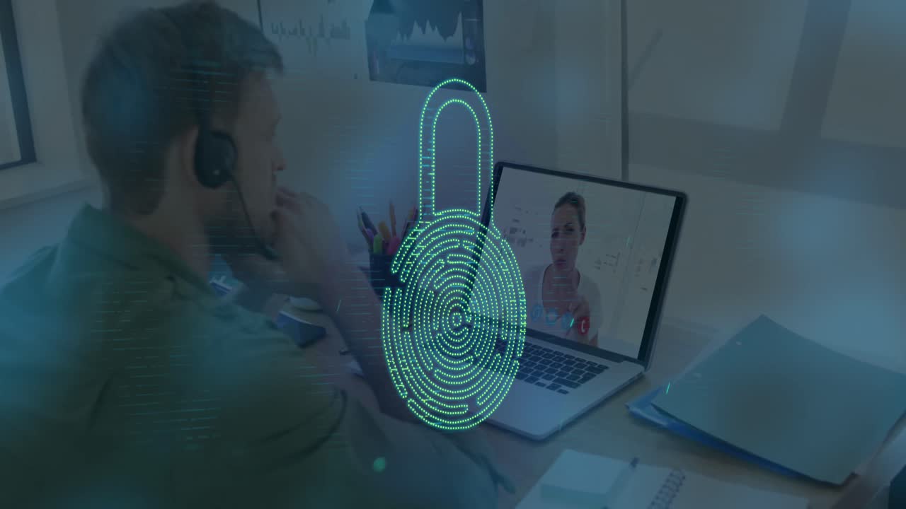 전화 헤드 ⁇ 과 노트북을 사용하여 백인 남성의 생체 측정 지문의 애니메이션